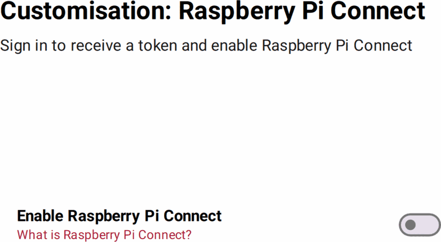 Raspberry Pi Imager's Raspberry Pi Connect screen, with the toggle to enable Raspberry Pi Connect on first boot switched off