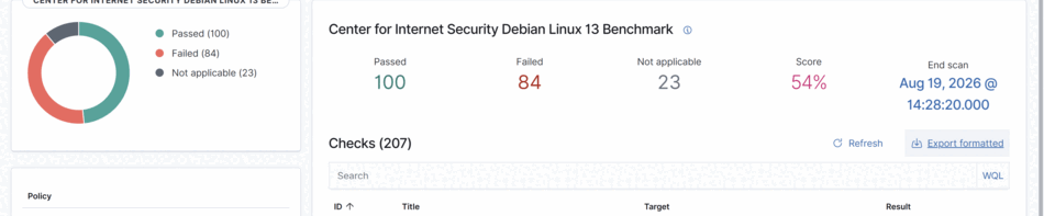 Wazuh's SCA dashboard for pi4-128g showing the Center for Internet Security Debian Linux 13 Benchmark results: 100 passed, 84 failed, 23 not applicable, score 54%