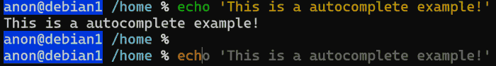 Typing "ech" with the rest of a previous command shown as greyed autosuggestion text, and the completed line above with the command coloured green and the quoted string coloured orange, against the adam1 prompt's blue user@host block